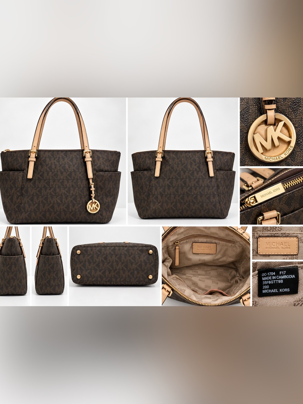 Michael Kors Brown MK Signature Jet Set Tote Bag Tan Leather Trim Gold Charm
